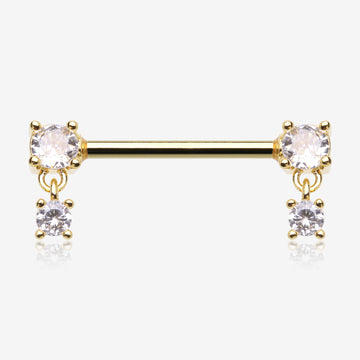 A Pair of Golden Brilliant Sparkle Gem Dangle Nipple Barbell-Clear Gem